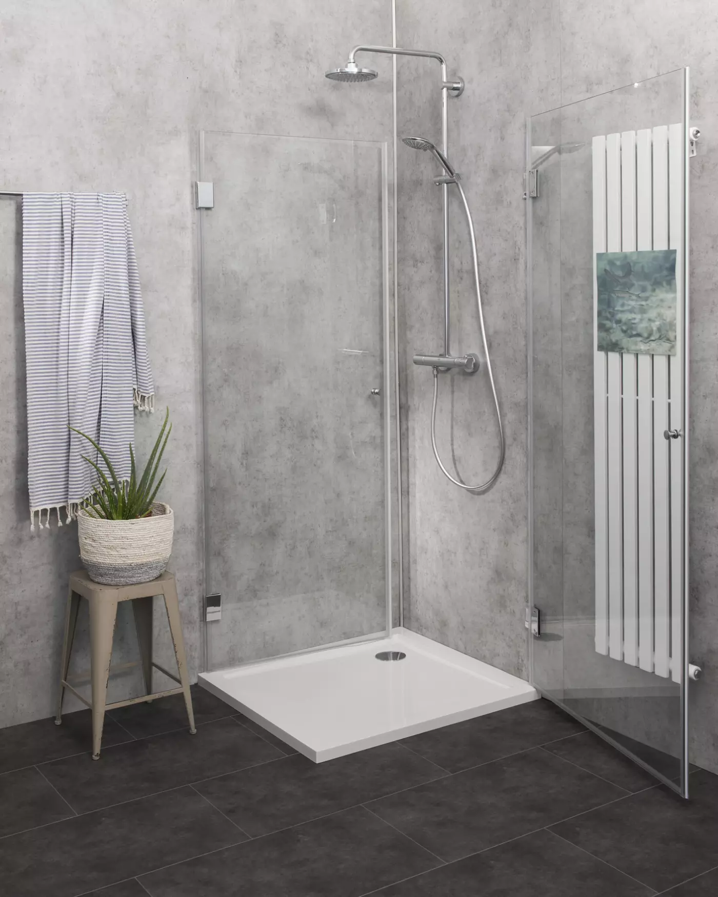 Eckdusche 75x75 mit 2 Türen an Wand H=173cm & Duschwanne