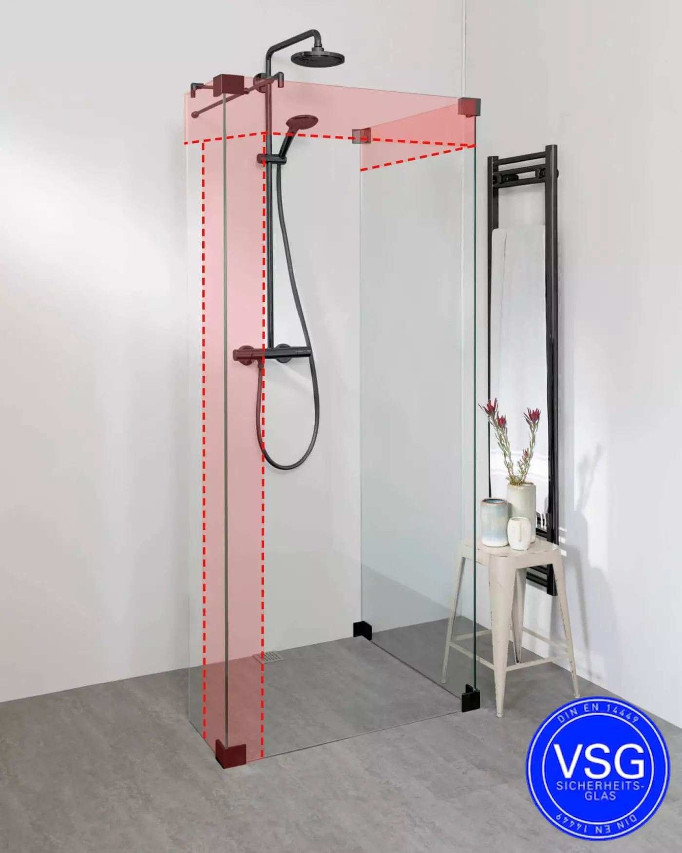 Begehbare Dusche: VSG Duschwand mit Seitenwand und Eckteil, Maßanfertigung