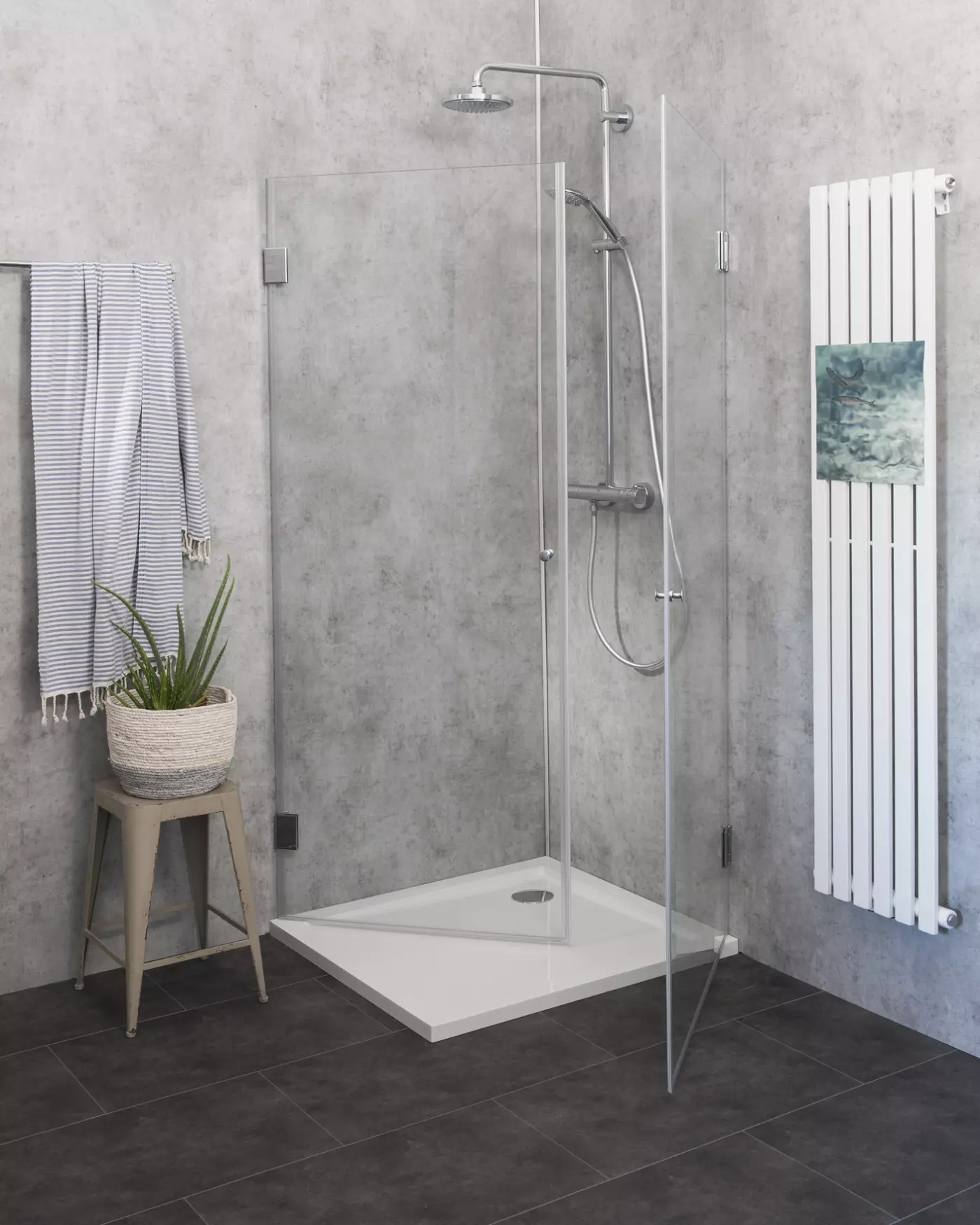 Eckdusche 75x75 mit 2 Türen an Wand H=173cm & Duschwanne