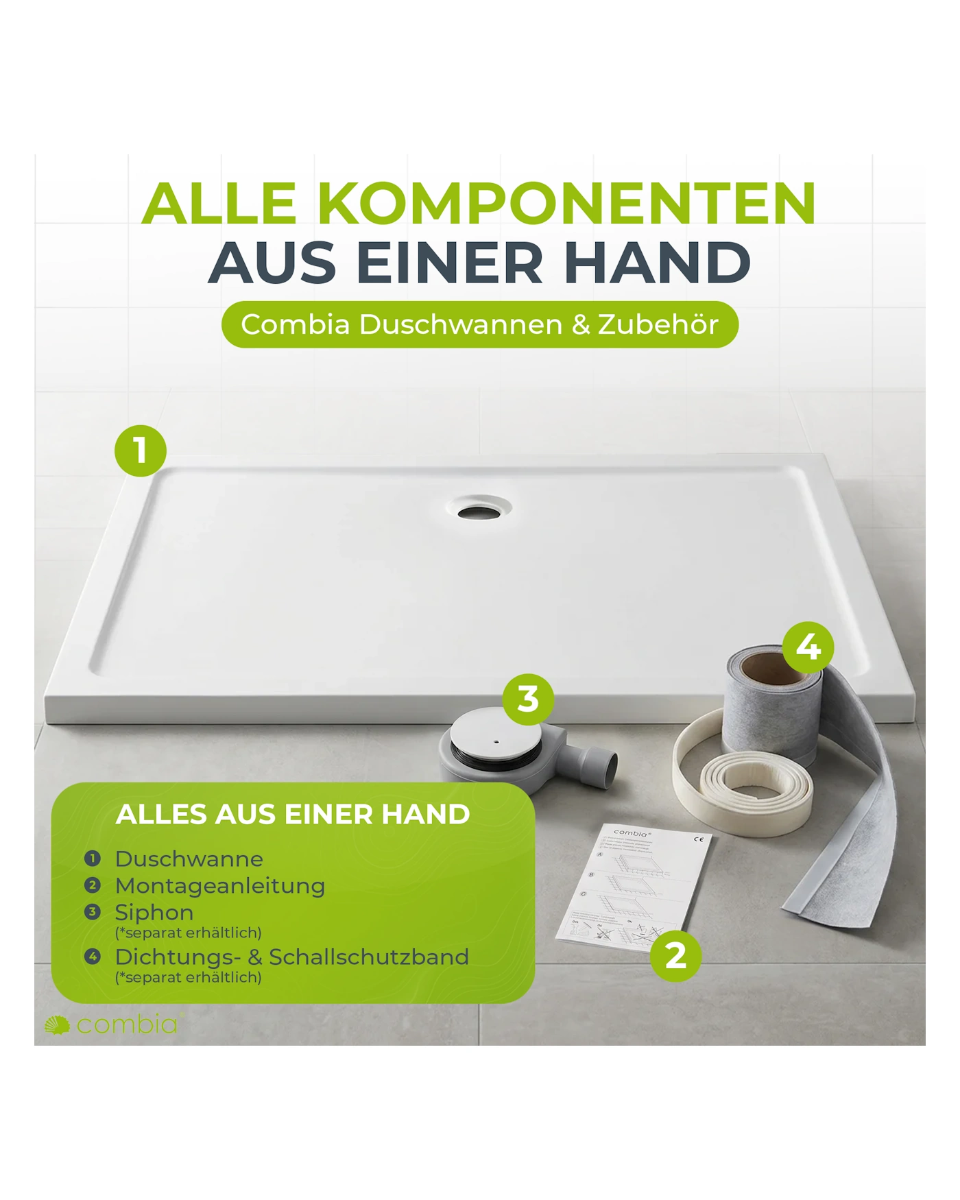 Duschwanne, Montageanleitung, Siphon, Dichtungs- & Schalldschutzband, Zubehör