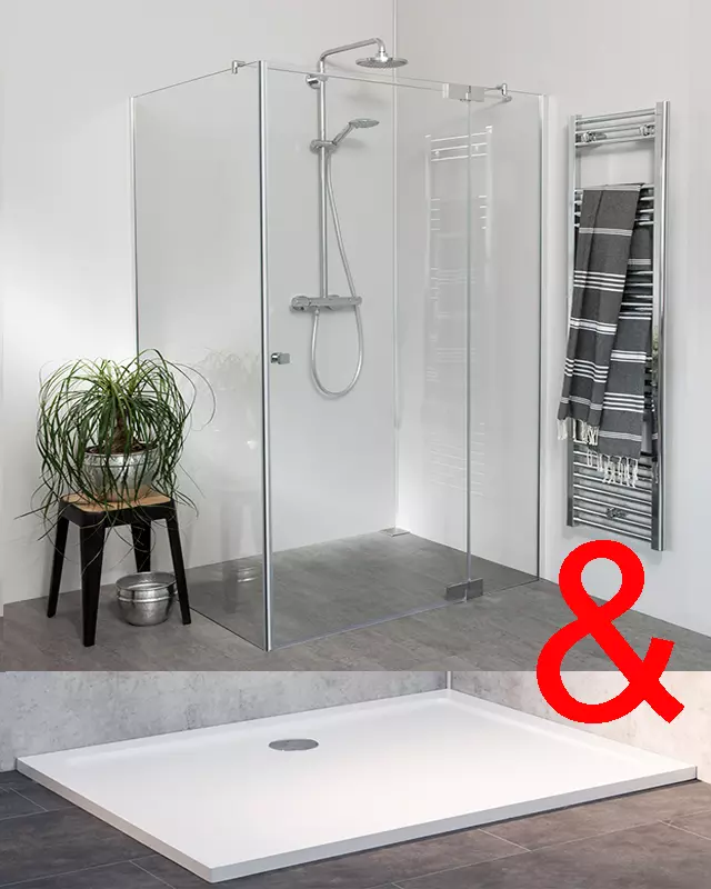 Teilgerahmte Eckdusche 100x100 mit Pendeltür groß, Festwand & Duschwanne