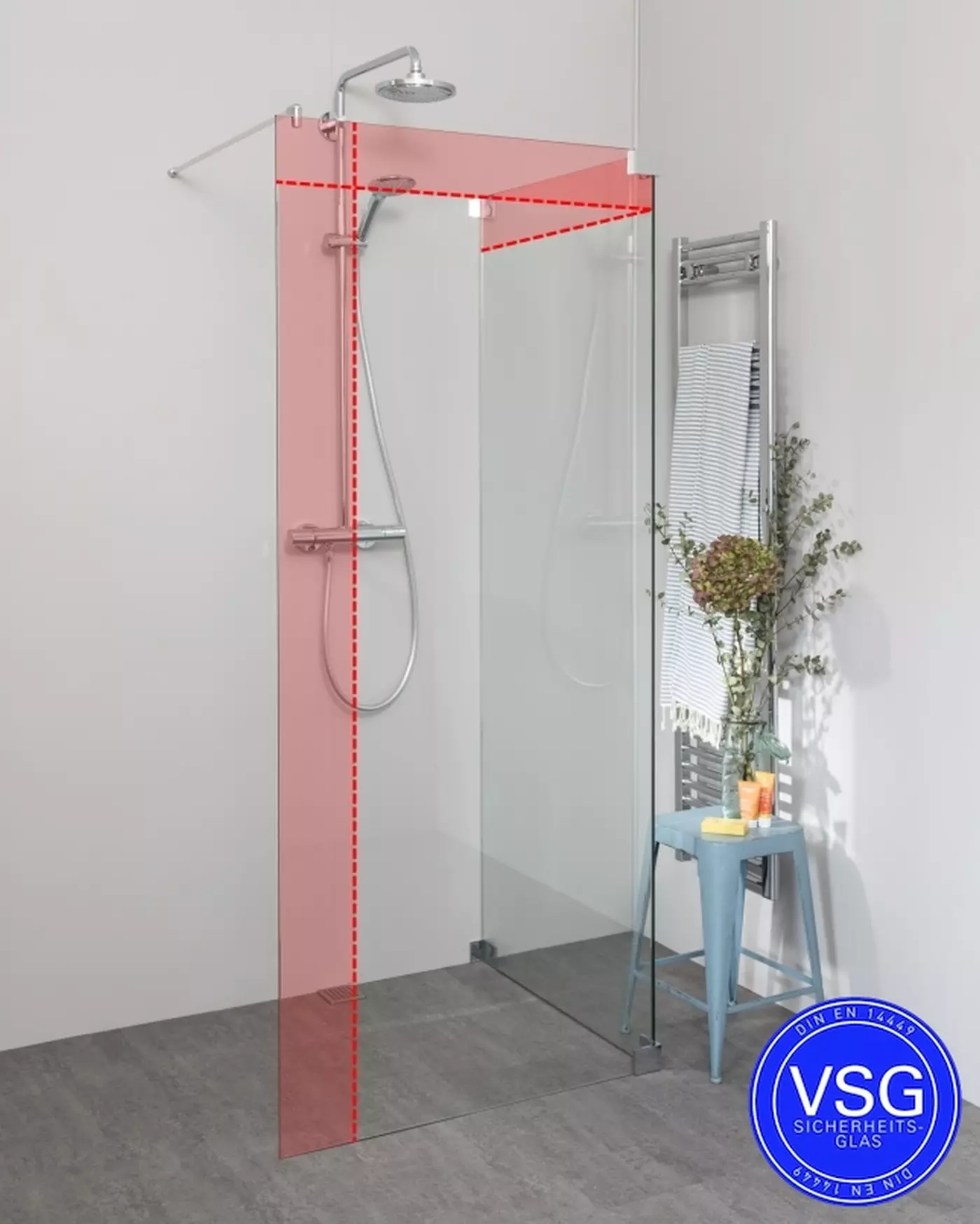 Begehbare Dusche VSG: Freistehende Duschwand über Eck, Maßanfertigung