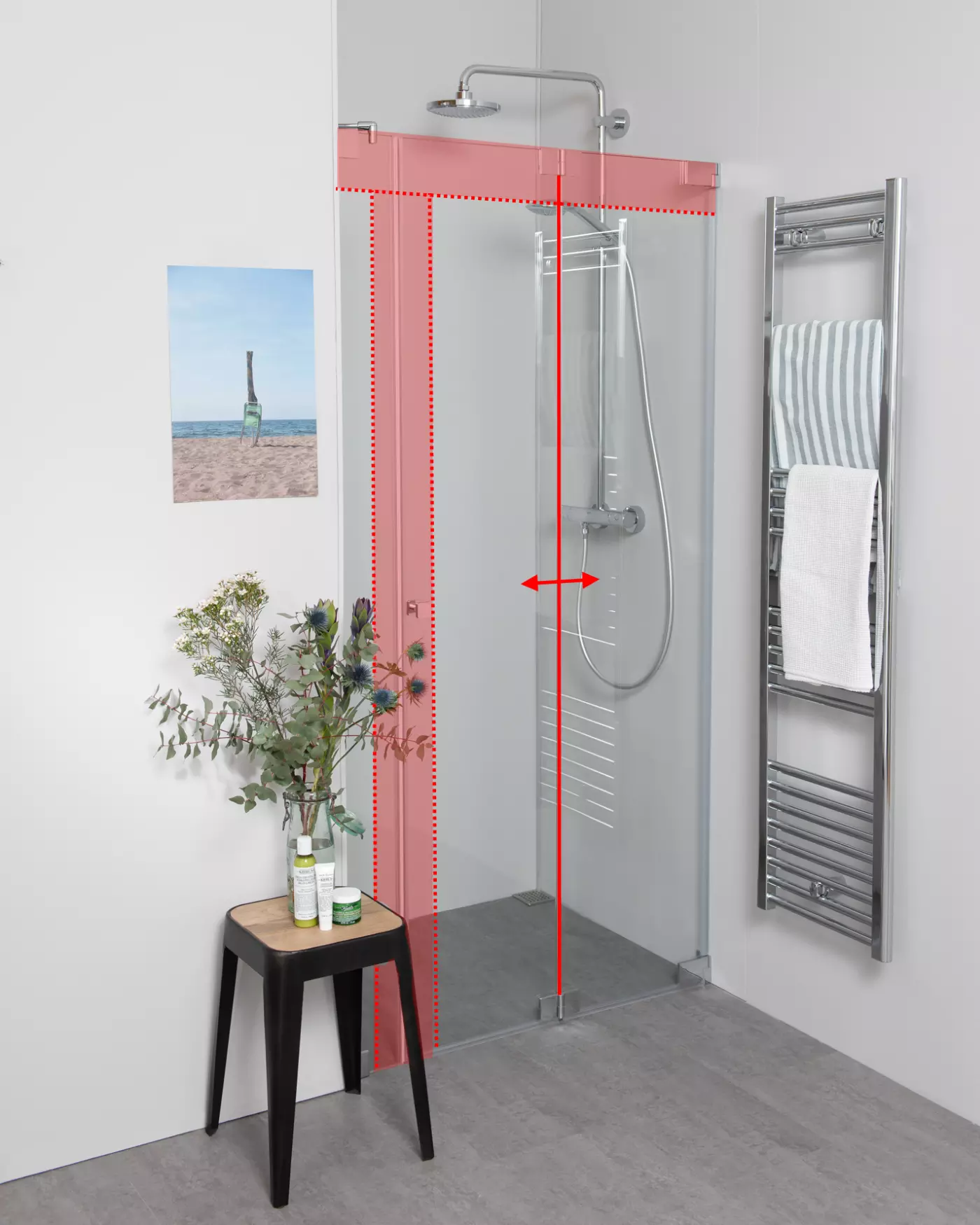 Nischendusche mit Falttür an Wand & Zusatz Festteil nach Maß