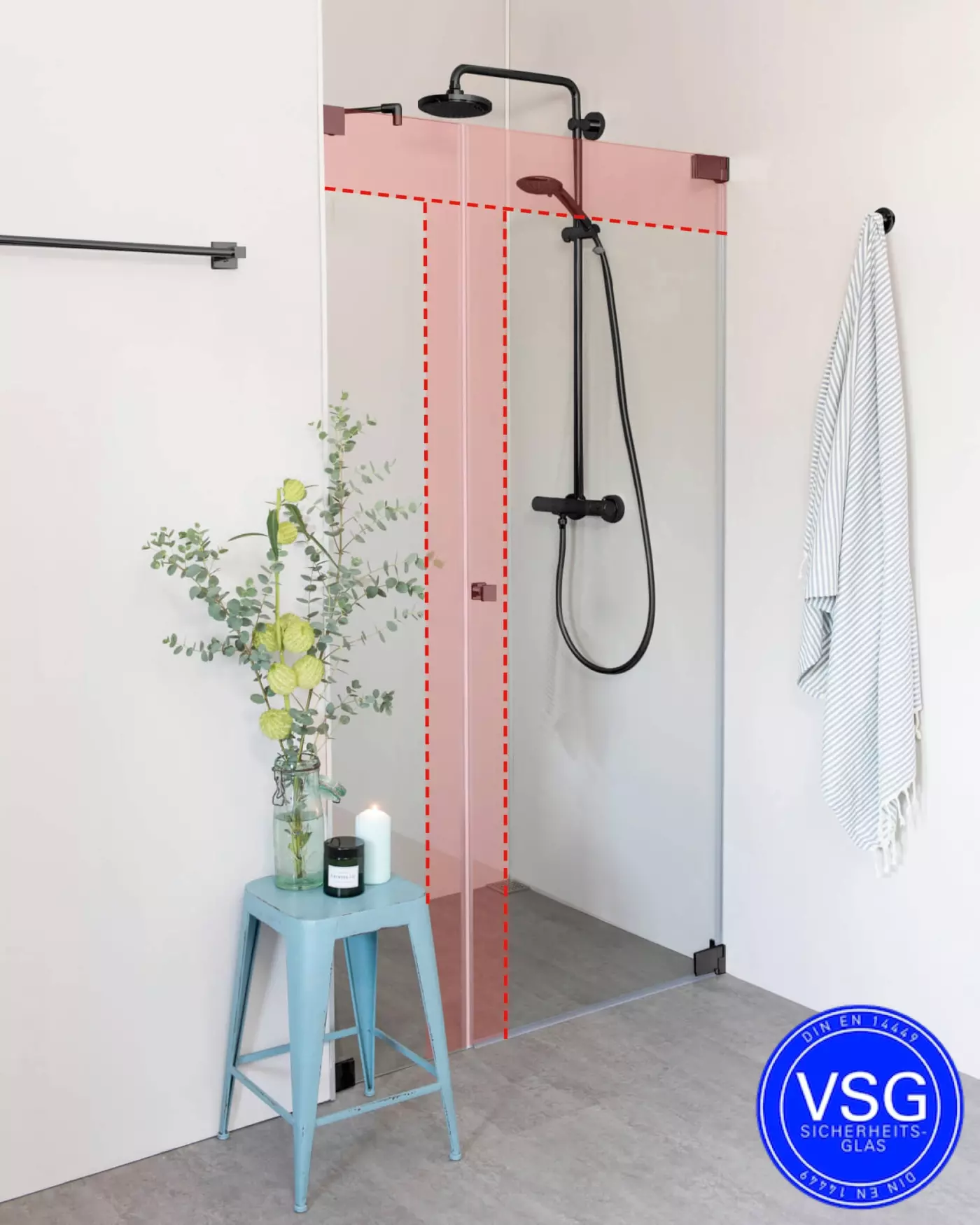 VSG Nischendusche mit Pendeltür an Wand & Zusatz Festteil nach Maß