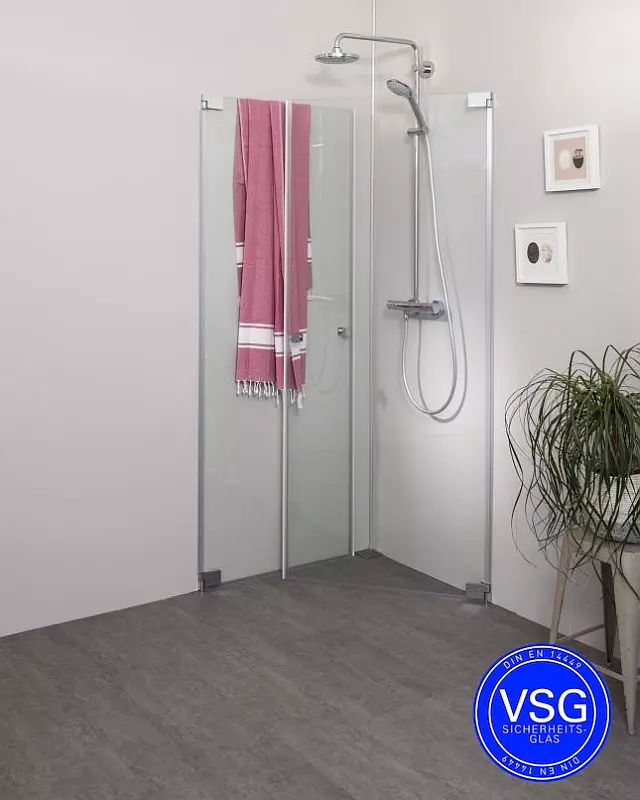 VSG Eck Duschkabine mit 2 Pendeltüren an Wand nach Maß