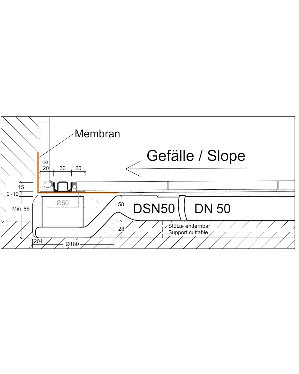 Duschrinne nach Maß Länge 40-160 cm, Doppelablauf seitlich, Edelstahl matt gebürstet