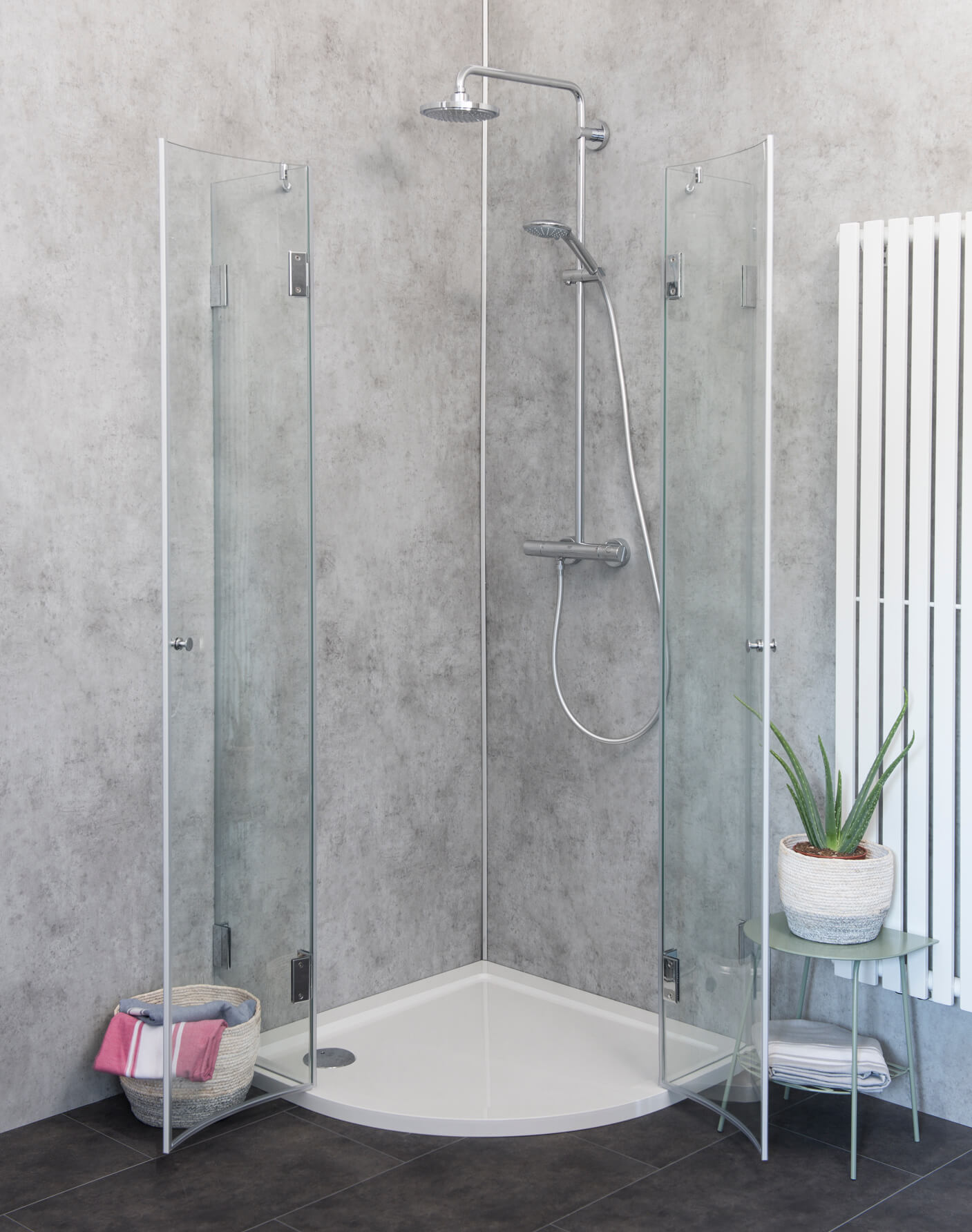Viertelkreis-Dusche mit 2 Türen, Duschkabine mit Duschwanne, ESG Glas,  H=195cm, Combia A2V-SL8080