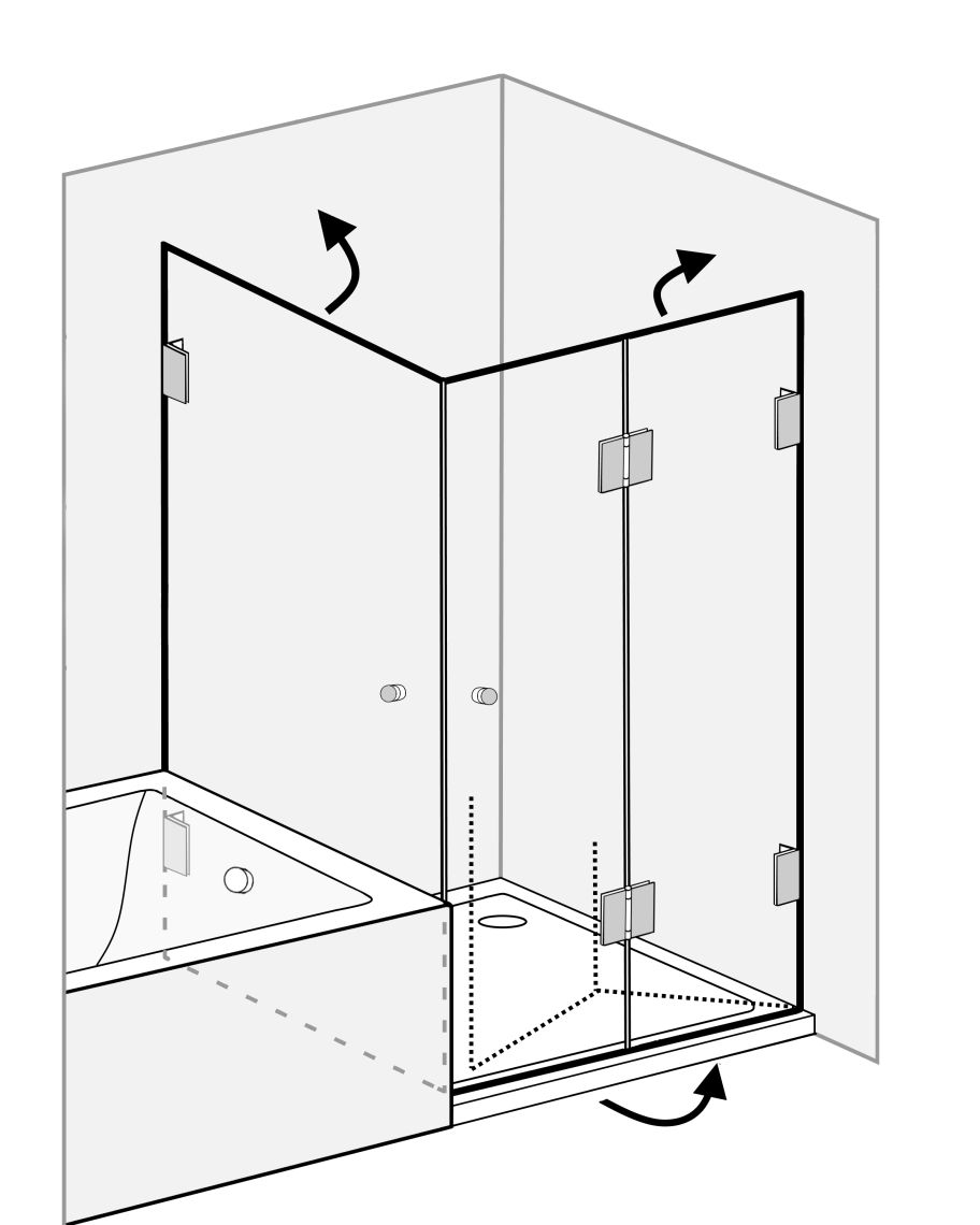 Dusche mit Falttür neben Badewanne