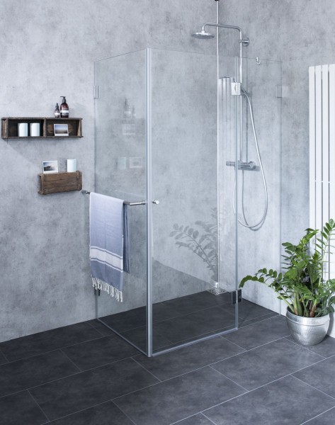 Große Eckdusche mit Festwand und Tür an Festteil