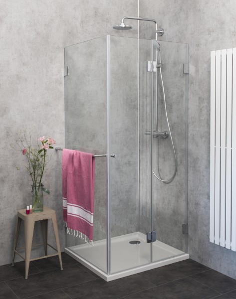 Eckdusche 75x75 Falttür + Festwand Höhe 173cm mit Duschwanne