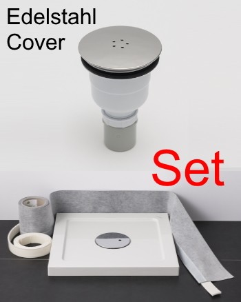 Duschwannenablauf vertikal Edelstahl-Cover chrom im Spar-Set mit Dichtband und Schallschutzband